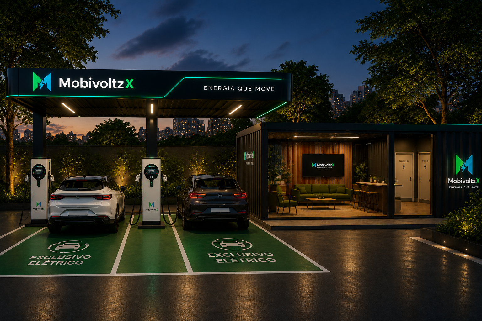 Eletroposto MobivoltzX com sala de espera, cobertura e carregadores