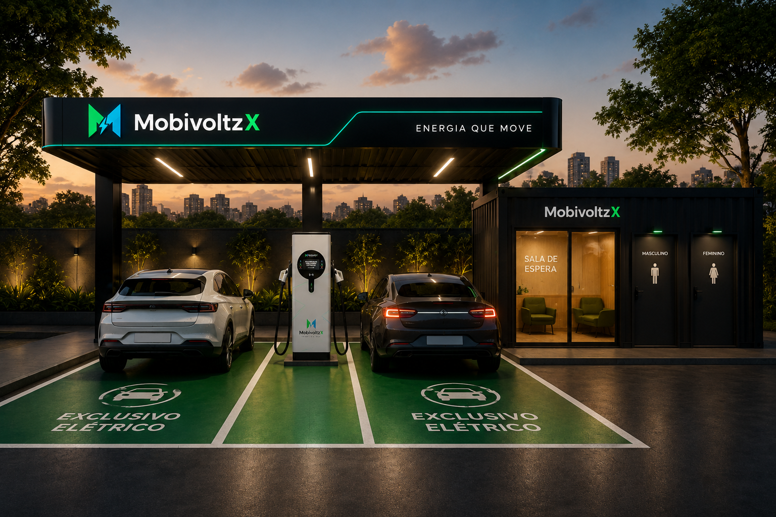 Eletroposto Premium MobivoltzX com cobertura iluminada