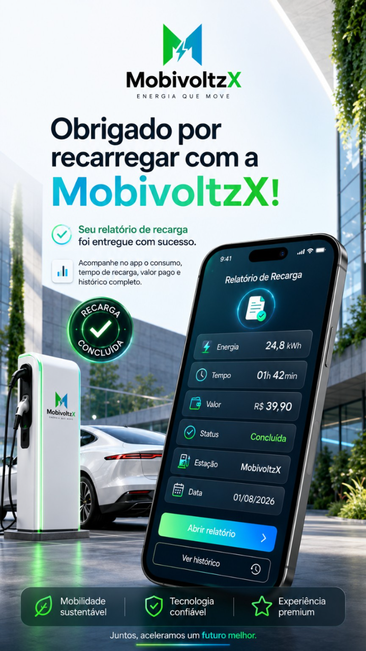Tela de recarga concluída do aplicativo MobivoltzX