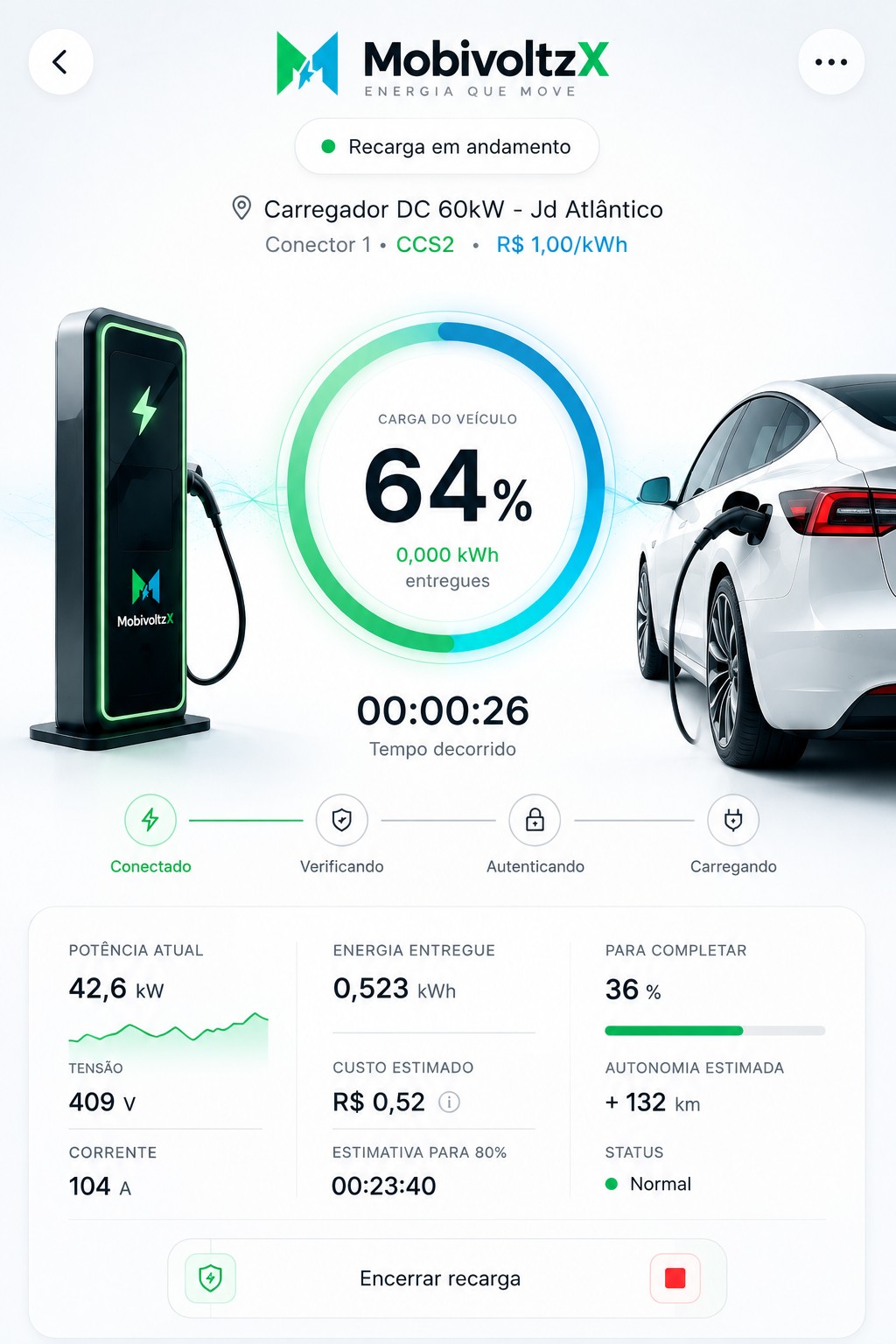 Tela do aplicativo MobivoltzX com a recarga em andamento e indicadores da sessão
