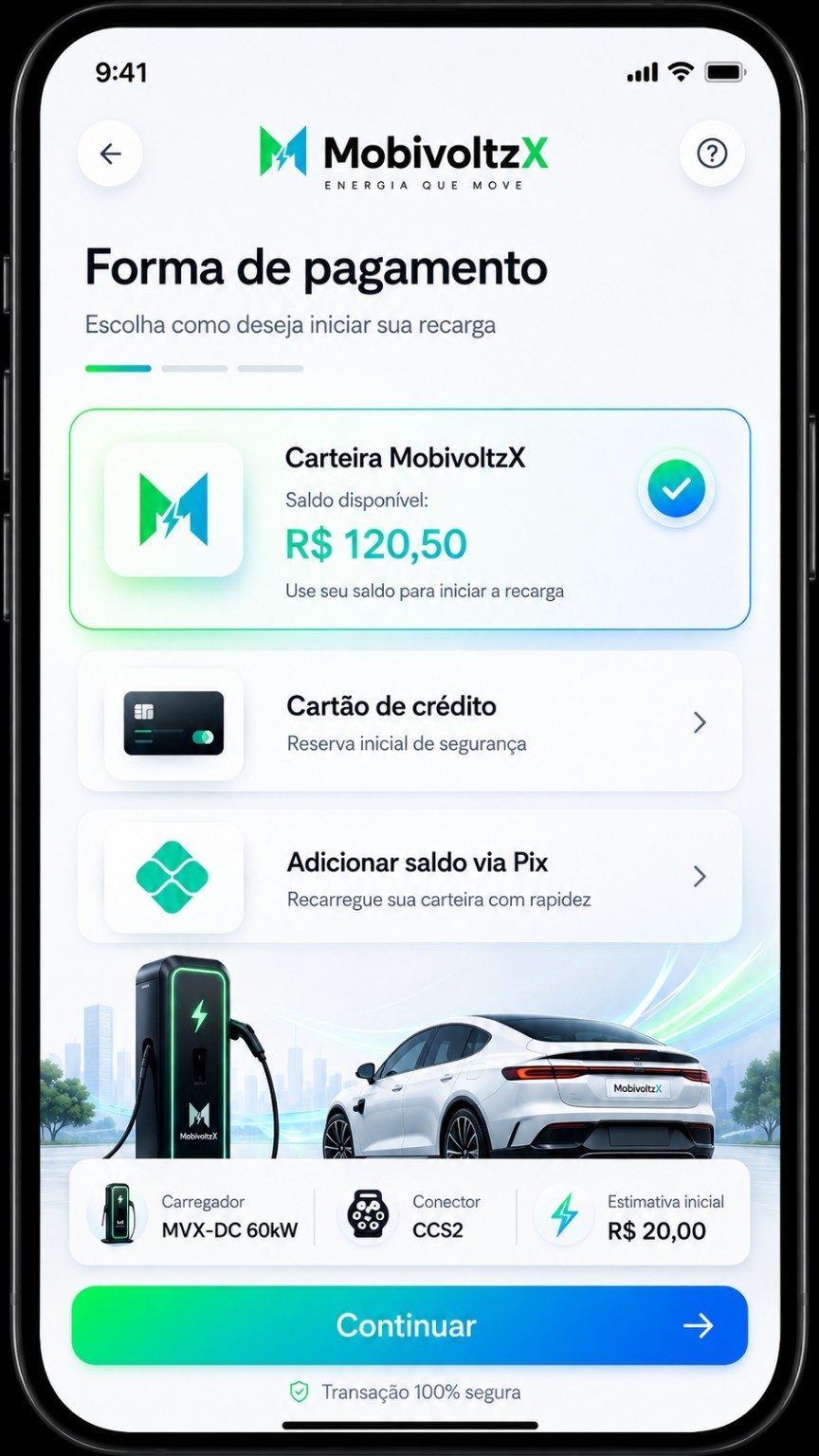 Tela de forma de pagamento do aplicativo MobivoltzX