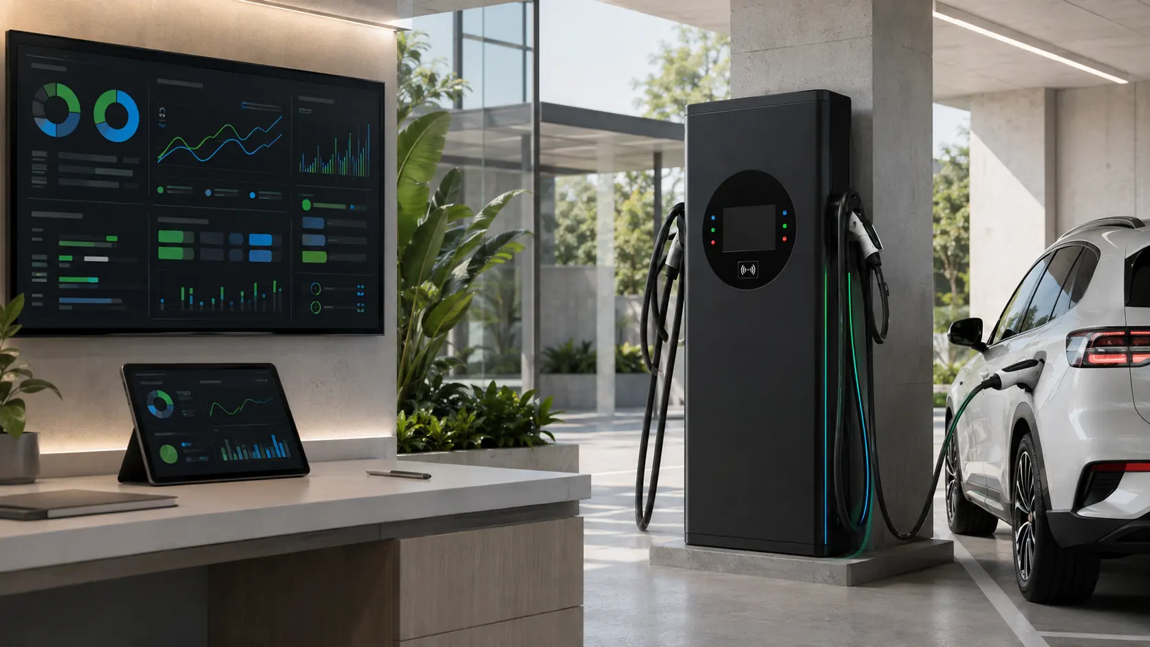 Carregador MobivoltzX em um edifício corporativo ao lado de um painel de gestão exibido em tela e tablet