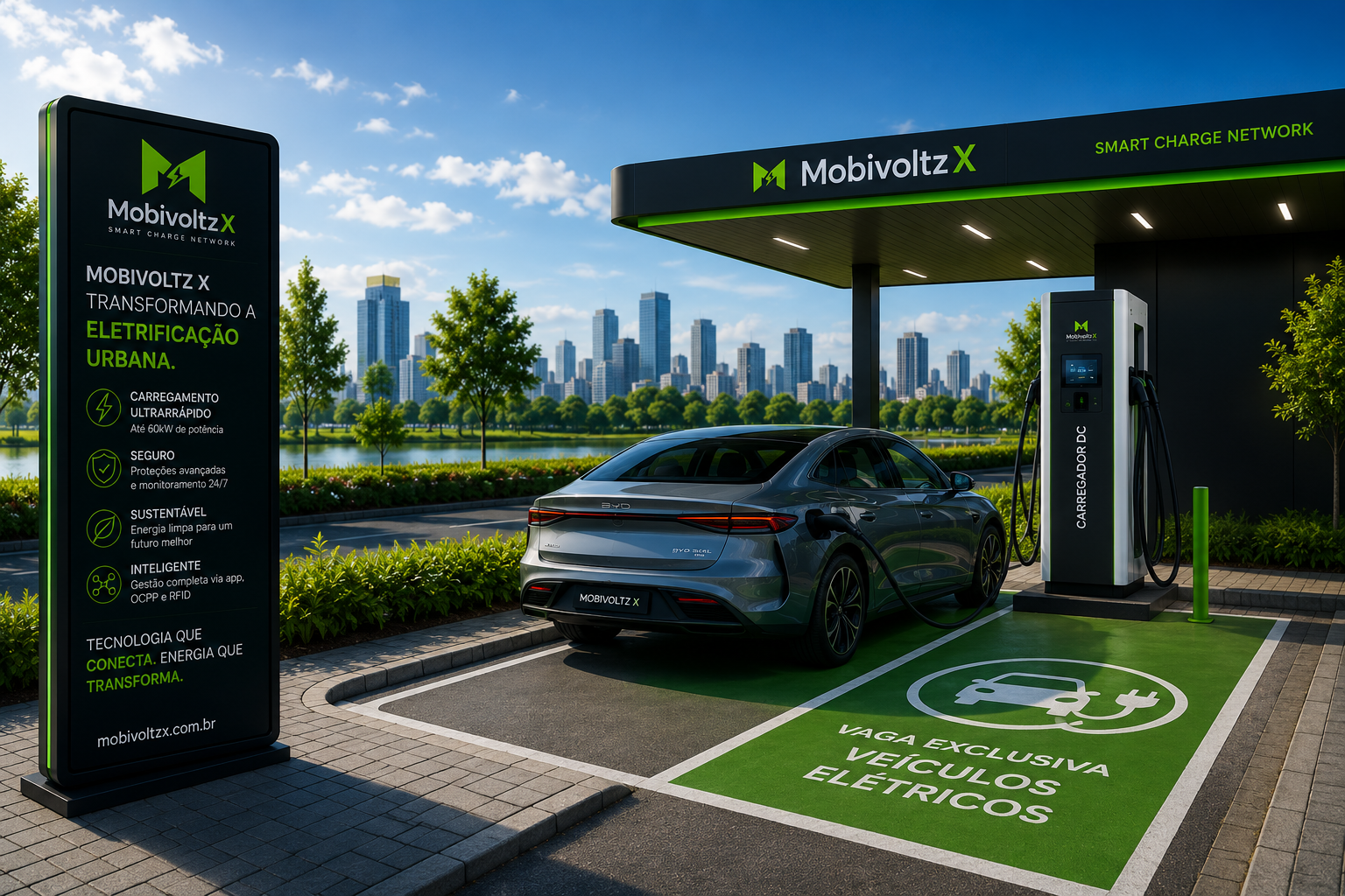Eletroposto MobivoltzX com carro elétrico carregando